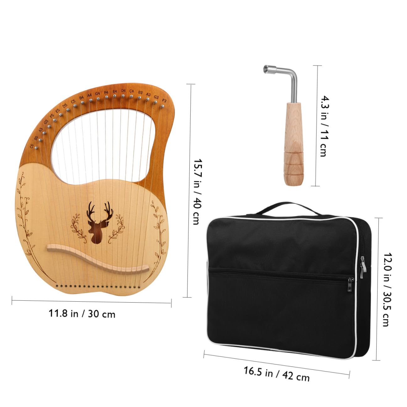VICASKY Set di Lira Strumento Musicale con 19 Corde in Metallo, Accordatura Regolabile, Custodia in Poliestere e Chiave di Accordatura per Principianti, Legno con Bordi Arrotondati