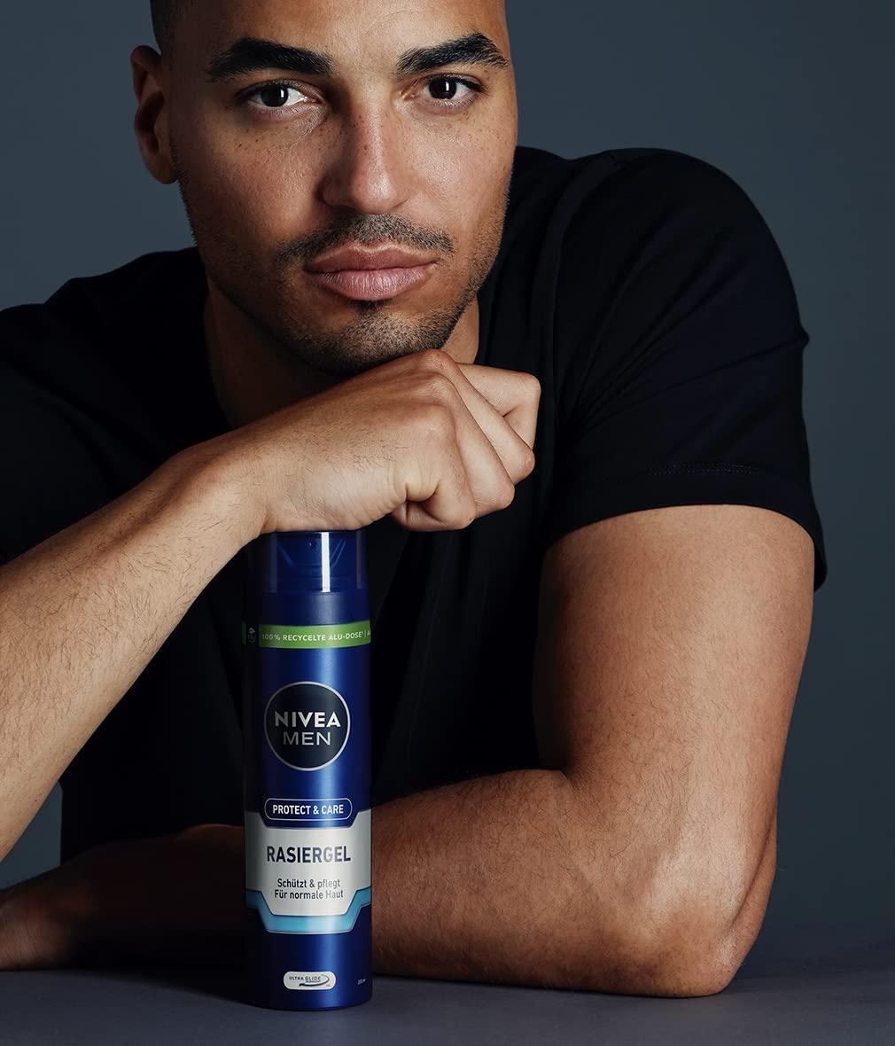 NIVEA MEN Protect & Care żel do golenia (200 ml), ochrona i pielęgnacja dla delikatnego golenia, przyjazny dla skóry żel do golenia dla mężczyzn z aloesem i pantenolem