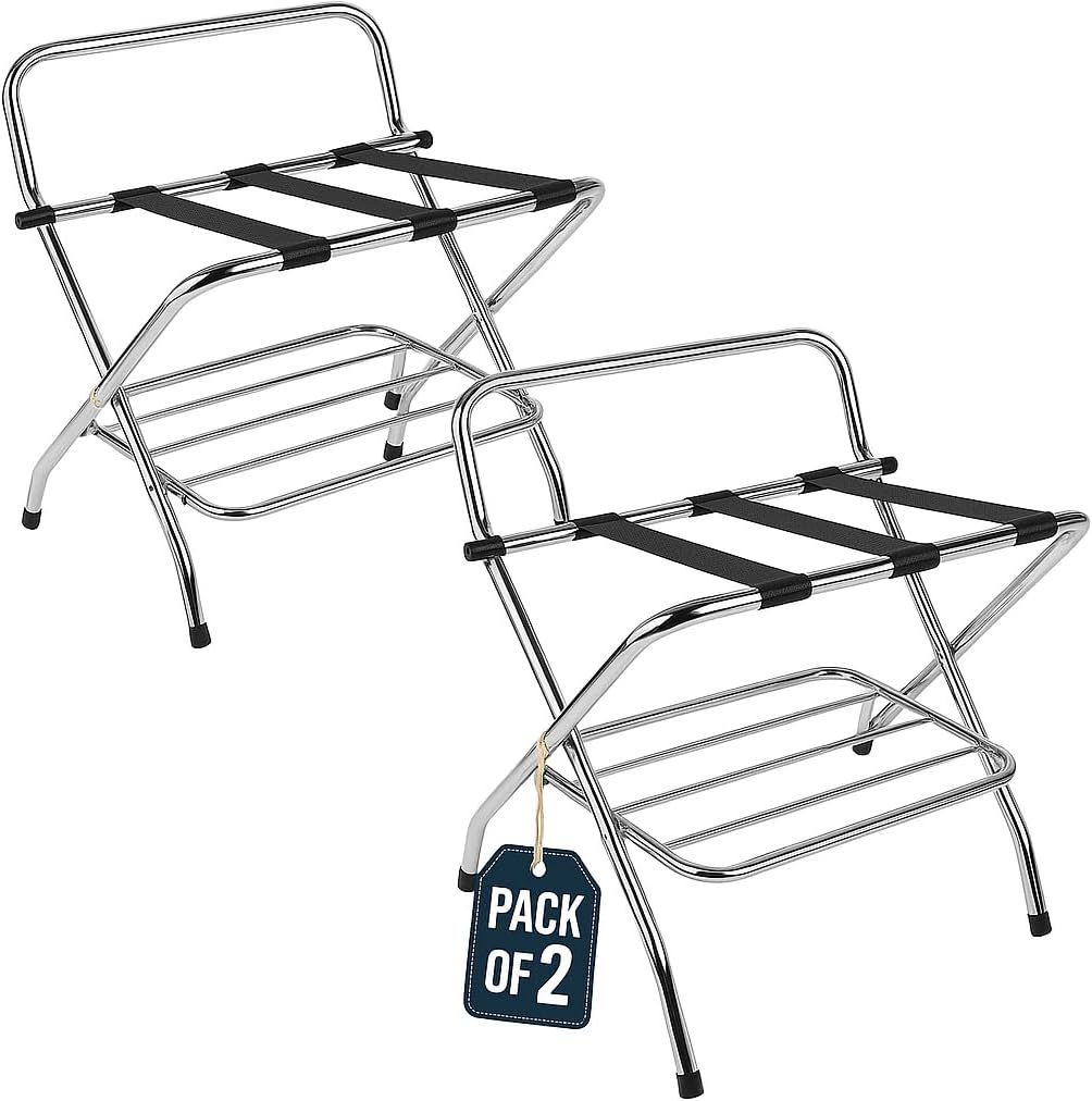 USTECH Double Rack with High Back Luggage Rack for Guest Room – Foldable Suitcase Stand with Straps – Heavy Duty Luggage Stand for Bedroom, Hotel, or Closet Storage (pack of 1)