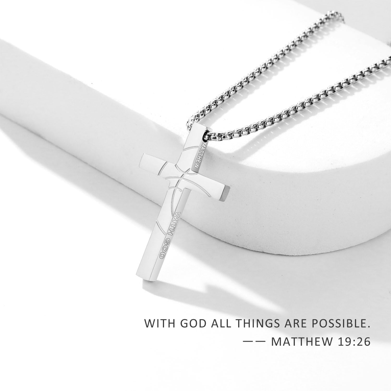 Basketball Bible Verse Cross Necklace for Boys Men 316L Stainless Steel Chain Pendant Religious Christian First Communion Confirmation Jewelry Graduation Christmas Gift - Image 3