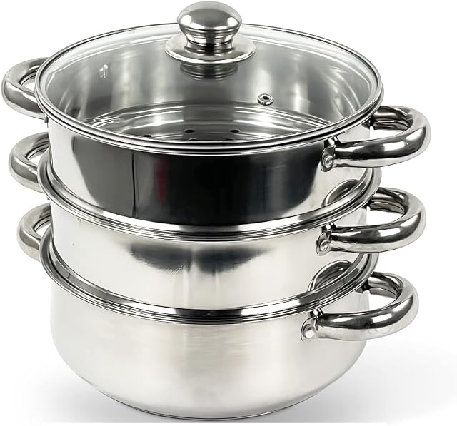 MantraRaj 22cm 3 Tier Stainless Steel Steamer Pot Vegetable Seafood Meat Food Steamer Cooker Cooking Pot Kitchen Pan Set Large Metal Steamer -Work for Induction and Stove Healthy Way to Cook Your Veg