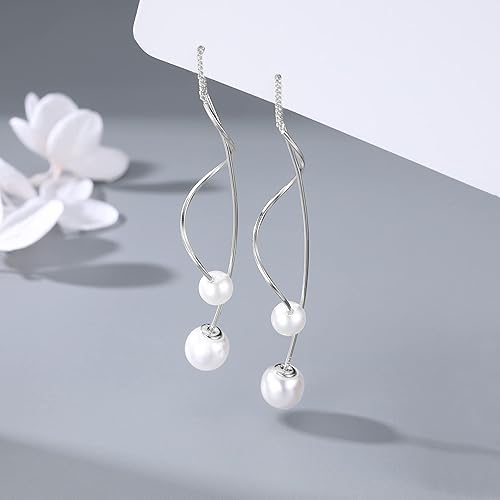 Miniatura 4 de SLUYNZ Sterling Silver Pearls Dangle Earrings Curve Chain for Women Girls Pearls Threader Wedding Earrings for Brides