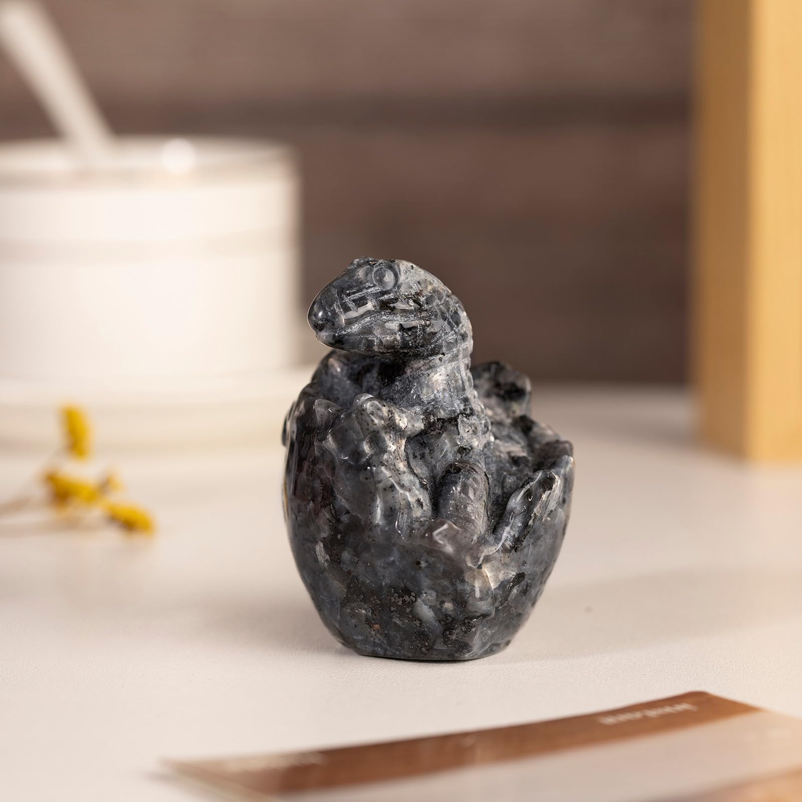 Nupuyai 2.5" Black Labradorite Crystal Stone Hatching Dinosaur Egg Statue - Image 3