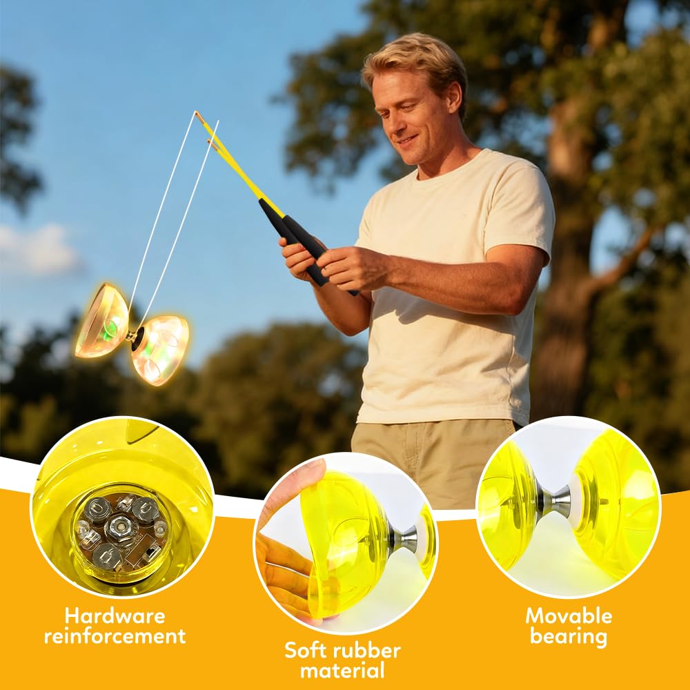 Diabolo LED roulement à billes 4,5 mm kit jonglage baguettes outil cirque roue libre jaune