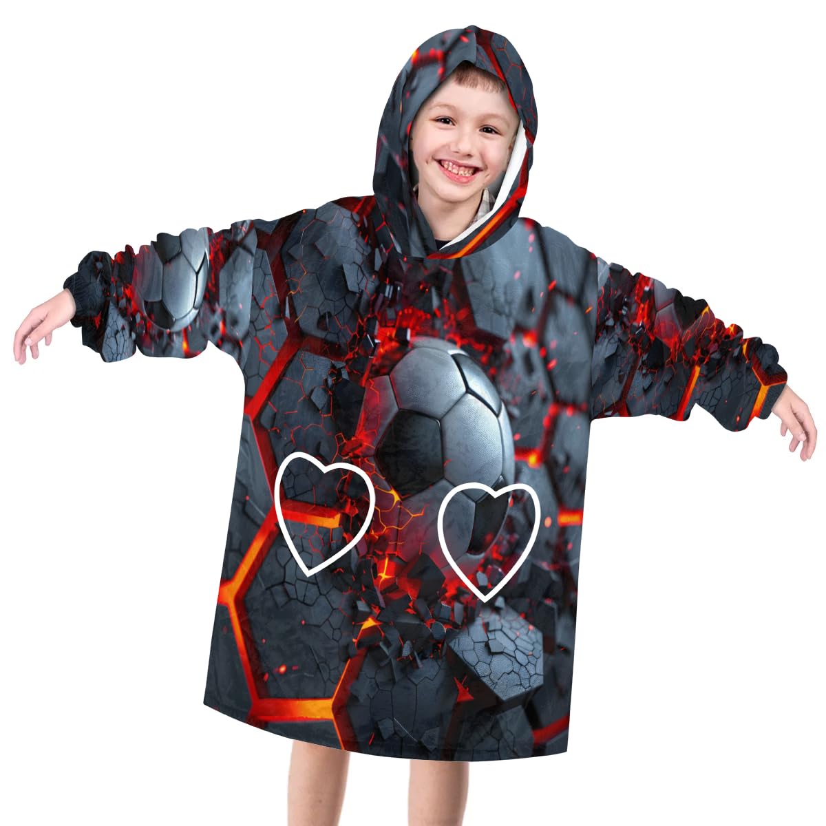 Pardick Wearable Blanket Hoodie for Kids, Fire Footbal Fleece Sweatshirt Blanket Fire Soccer Oversized Blanket Sweatshirt with Pocket Flannel Warm Hooded Blanket 6-10 Year Old Girl Boy Gift, One Size