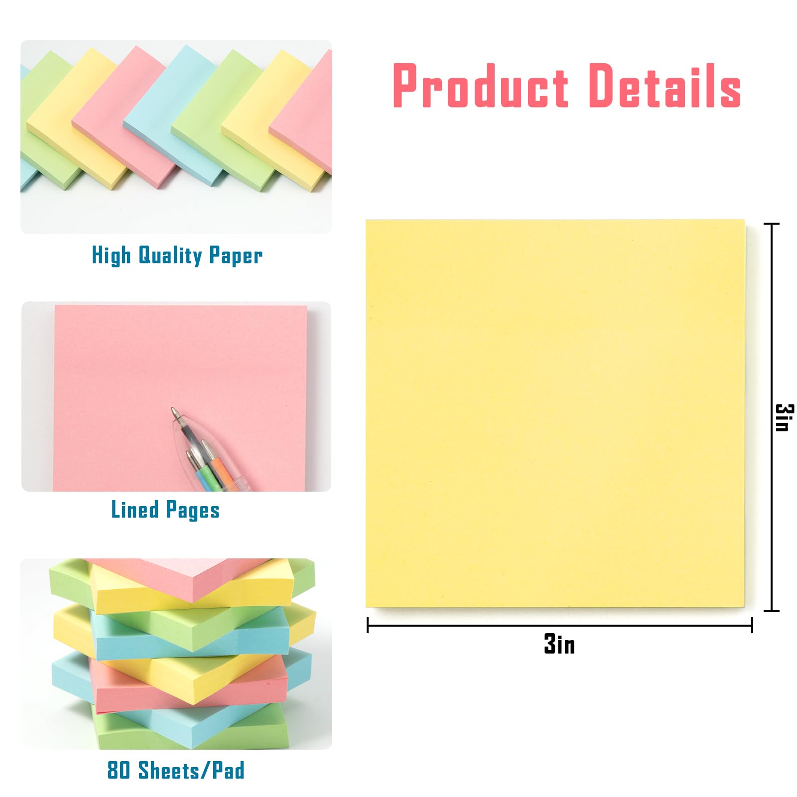 Haftnotizen, 7,6 x 7,6 cm, Großpackung, 3600 Blatt, farbige selbstklebende Blöcke, 100 Blatt/Block, 4 helle Farben (gelb, grün, rosa, blau), für Bürobedarf, Schule, Zuhause