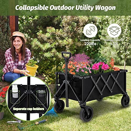 Eusuncaly Collapsible Folding Wagon Cart, Portable Heavy Duty Beach Wagon With All Terrain Wheels, Utility Outdoor Large Capacity Wagon With 2 Drink Holders For Camping Shopping Picnic Loading, Black #TOP1