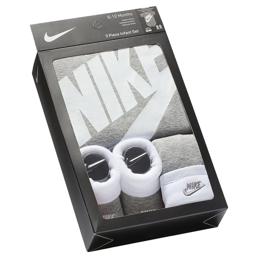 Nike Baby Hat, Bodysuit and Booties 3-Piece Gift Box Set, Grey Sportswear, 6/12M