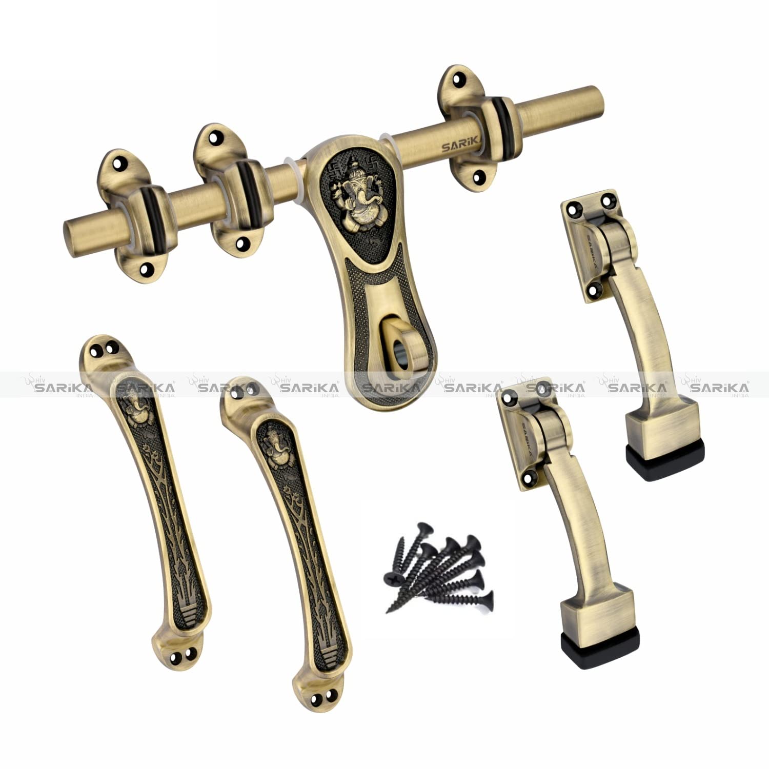 Vinayak Pooja Kit Zinc Alloy Heavy Double Door Fitting Accessories Full Set/Kit(1 Aldrop,2 Handles and 2 Door Stopper) (8 Inch,Antique Brass)