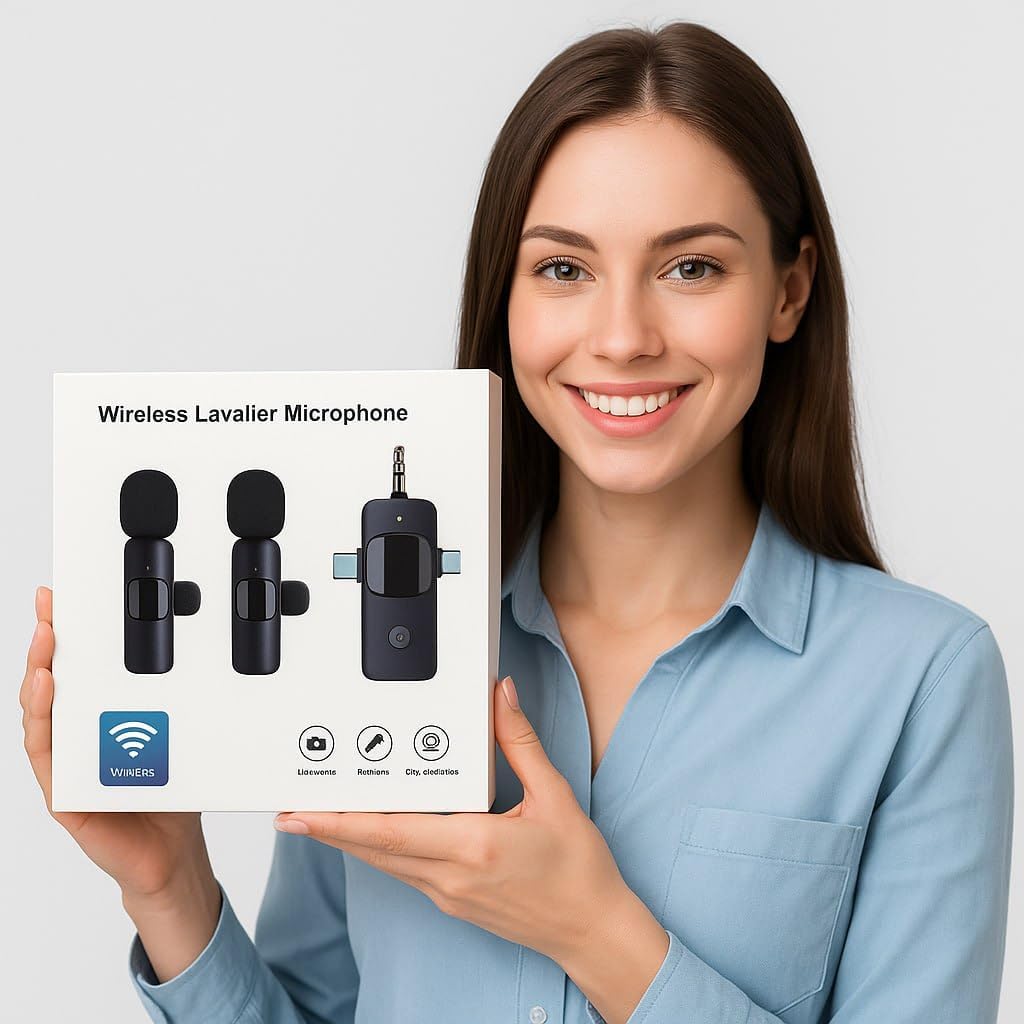 Wireless Lavalier Microphone Dual-Set, 3-in-1 Receiver (Lightning/USB-C/3.5 mm), 2 Clip-On Mics, 20 m Range, Plug-and-Play Audio for iPhone, Android, DSLR, YouTube & Zoom