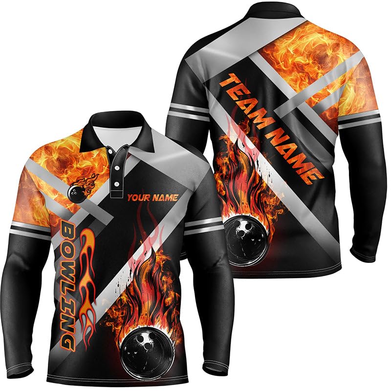 Herren & Damen Bowling Polo & Quarter Zip Shirt Benutzerdefinierte Schwarze Bowlingkugel Flame Bowling Team Trikots, Geschenk für Bowler N7432