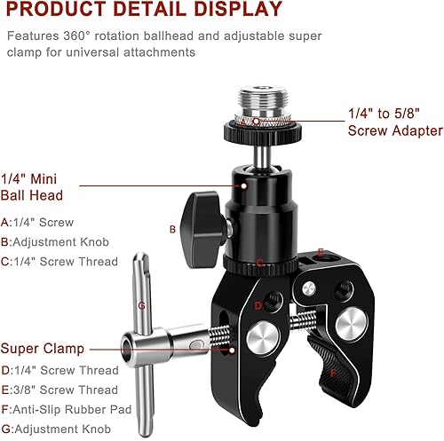 Miniatura 2 de Pinza de micrófono con cabeza de bola ajustable y tornillo de micrófono, compatible con micrófonos y accesorios de fotografía