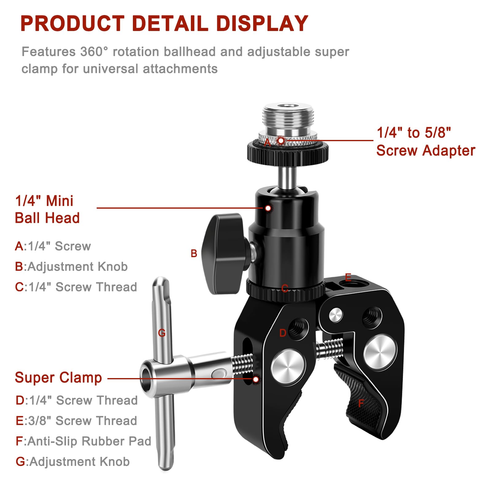 Super Klemmhalterung mit Mini-Kugelkopf-Adapter und 1/4-Zoll-Buchse auf 5/8-Zoll-Außengewinde-Adapter für Mikrofon, LCD-Feldmonitor, Blitzlicht LED-Lichter etc