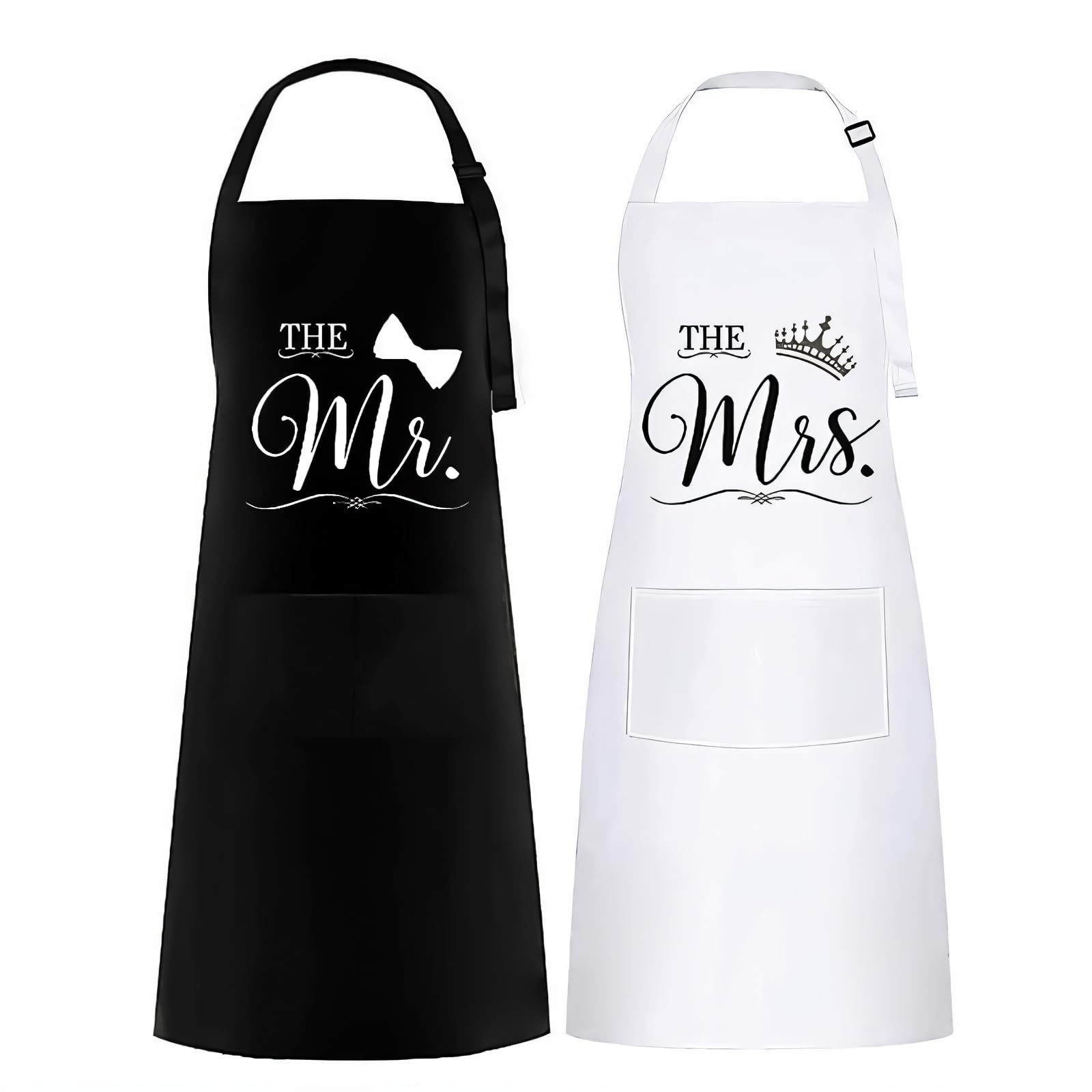 2 Piezas Mr Mrs Delantal,Ajustable Parejas Delantal con 2 Bolsillo,Delantales Impermeables de Cocina para Hombres y Mujeres,Regalo para Boda, San Valentín, Aniversario