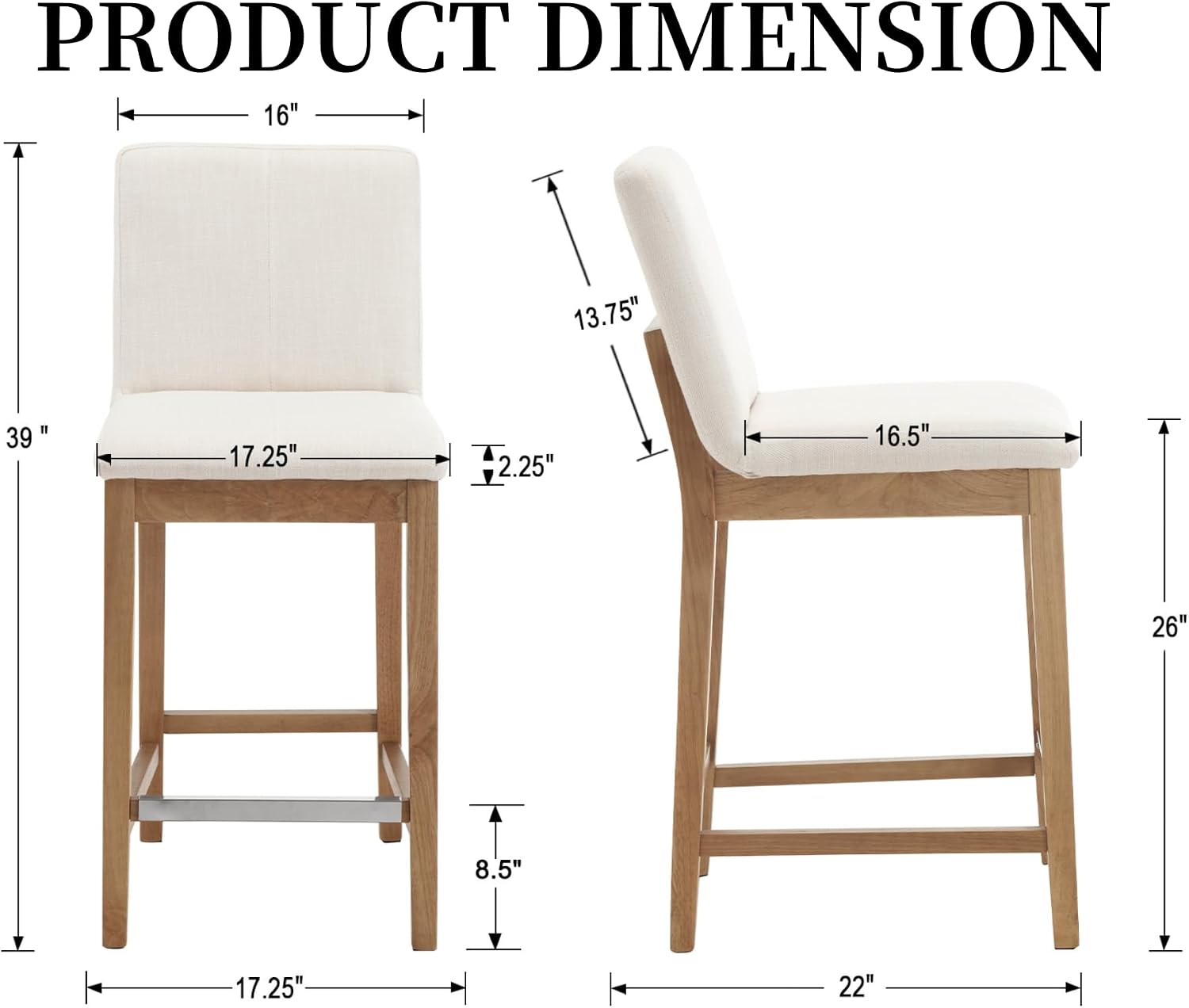 26 Inch Counter Height Bar Stools for Kitchen Island Set of 2 Linen Fabric Upholstered with Back Modern Mid Century Solid Wood Frame for Kitchen, Home Bar, Restaurant, Beige
