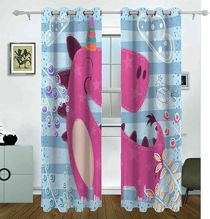 Amazon Chidagu 遮光カーテン 2枚セット ホーンテクスチャイラストとかわいい睡眠ピンクの恐竜 おしゃれ 部屋飾り 断熱 防寒 防音 省エネ 間仕切りカーテン 洗える かわいい リビングルーム 寝室 かーてん 幅100cm丈135cm カーテン オンライン通販