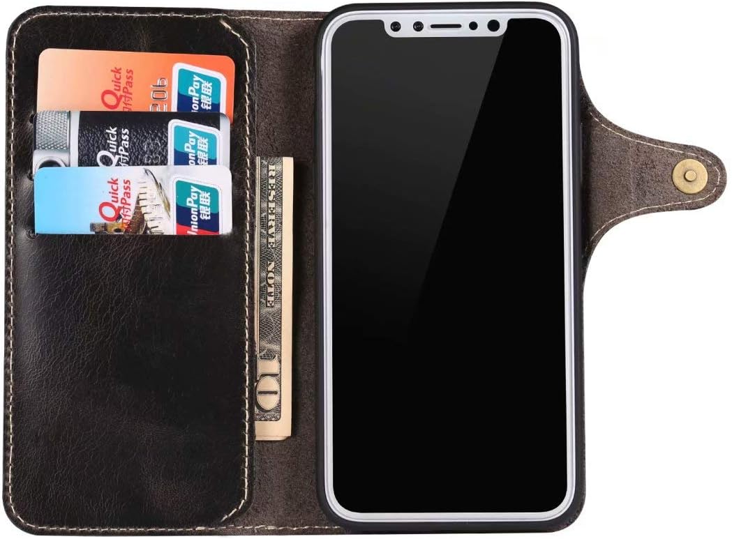 Genuine Leather Wallet Case for iPhone Xs,Classic Oil Wax Pattern Real Leather Button Card Slot Flip Stand Case Cover with Lanyard Black