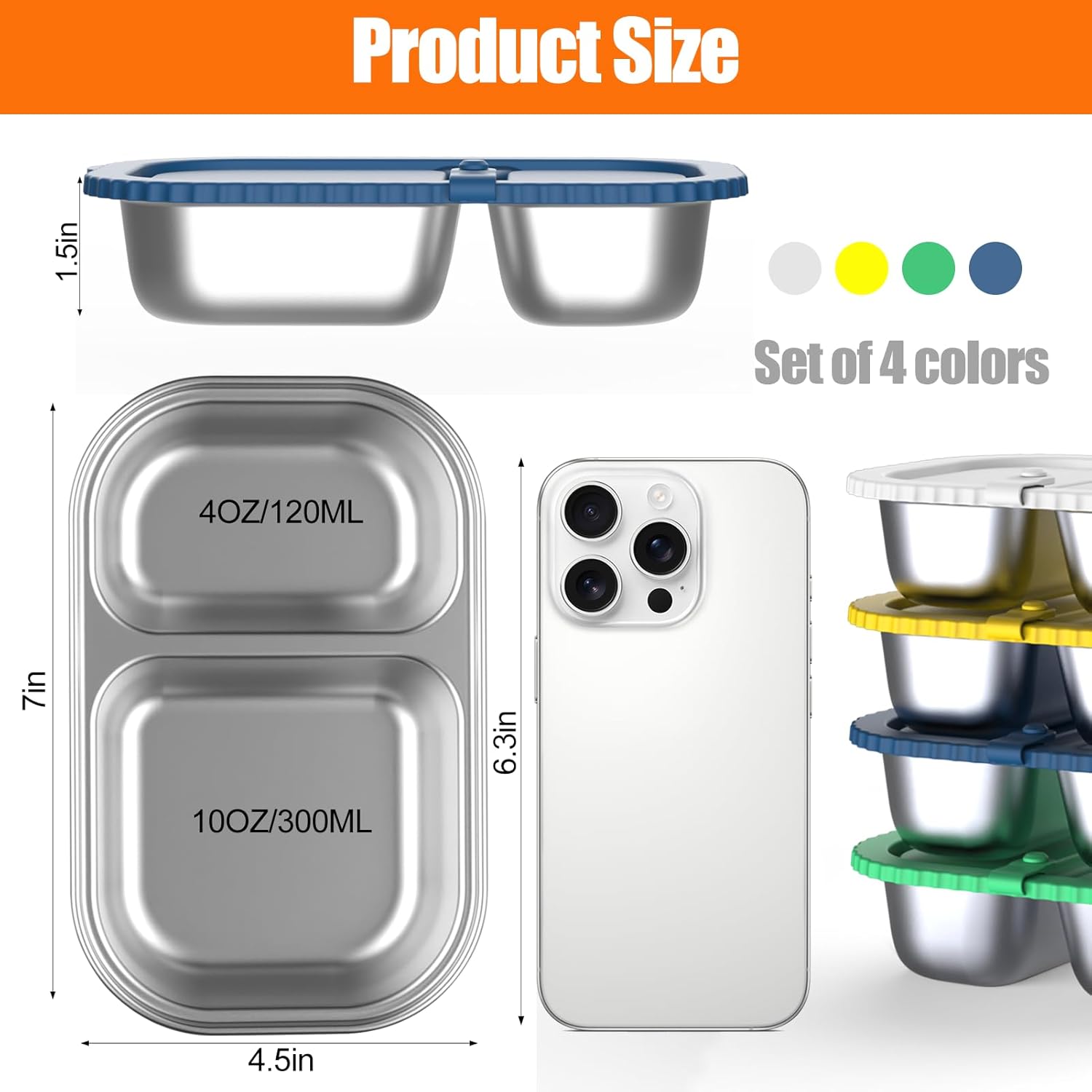 Stainless Steel Snack Containers with Silicone Lids, 4 Pack Reusable 2 Compartment Food Storage Containers, Snackle Box Container Leak-Proof Metal Bento Lunch Box for School, Travel, Home