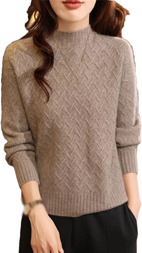 Women's 100% Wool Sweaters Turtleneck Lantern Sleeve Cable Knit Pullover Winter Basic Comfortable Thermal Tops