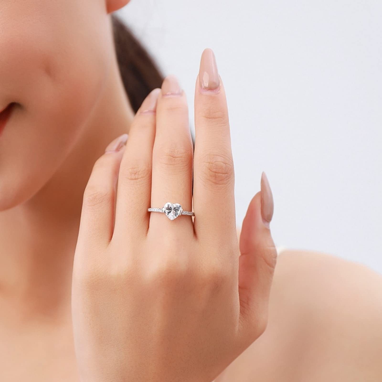 Pierścionek damski 14k 585, pierścionek ślubny, prawdziwe złoto, serce z moissanite, białe złoto, obrączka ślubna, dla kobiet, rozmiar 53 (16,9)