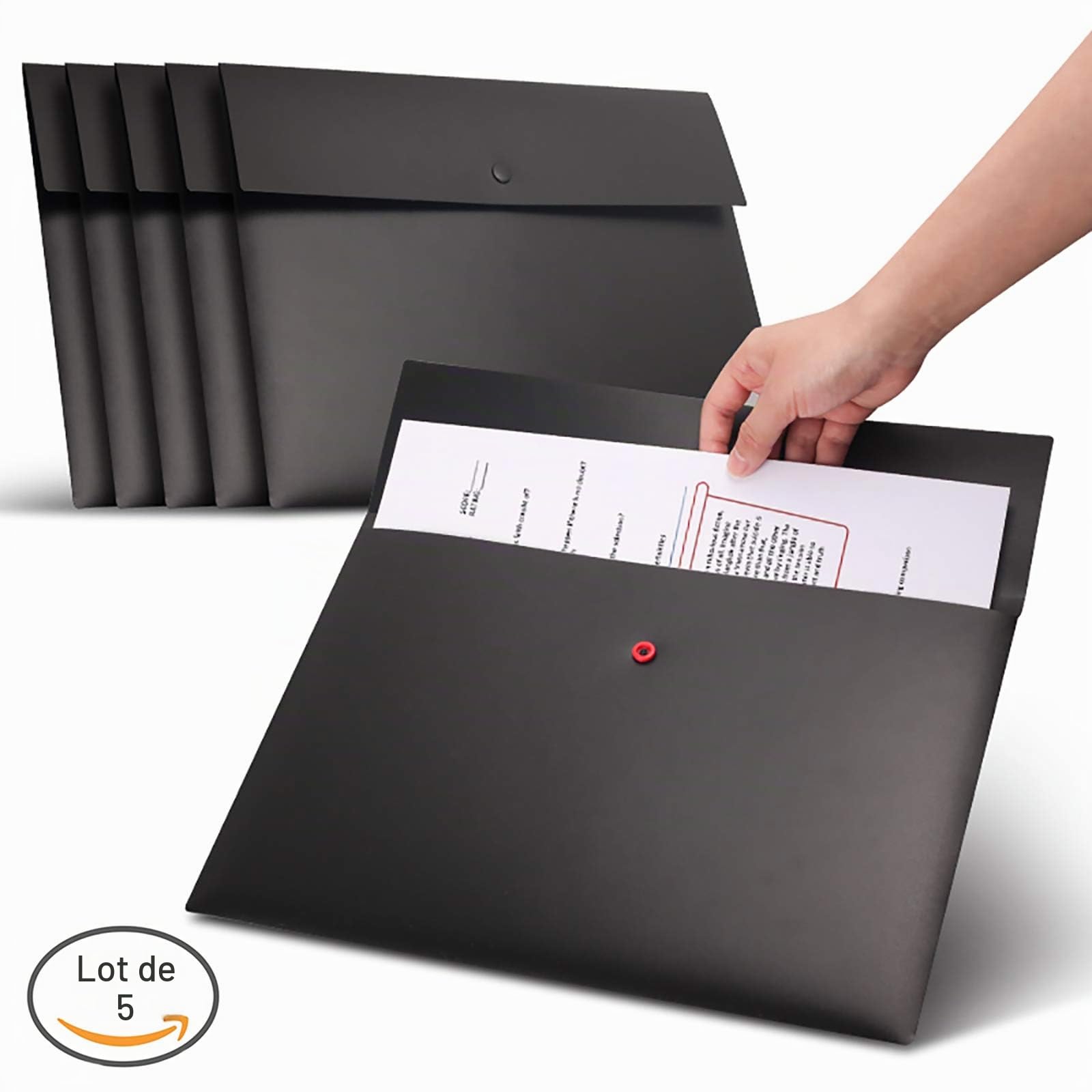 VANRA Lot de 5 enveloppes A4 pour papiers, portefeuilles en plastique, organiseur de documents avec fermeture à bouton-pression, format A4 (noir)