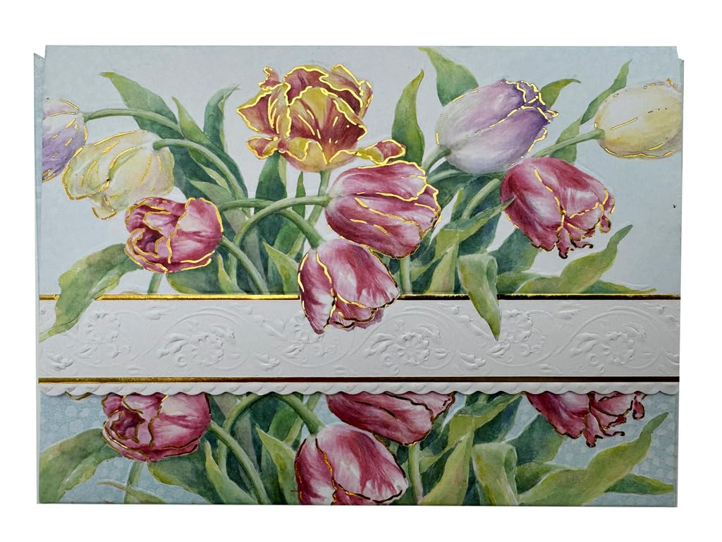 Poster Foundry Tulips Boxed Note Cards by Carol Wilson. 10 embossed 4x5 Die-Cut Notecards and Matching Envelopes in Decorative Gift Box with Magnetic Flap. NCP2506