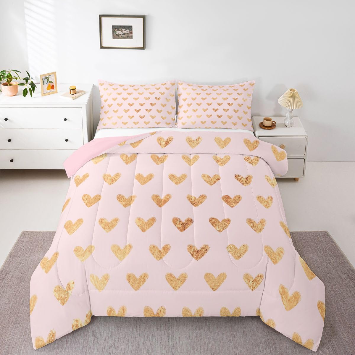 Erosebridal Cute Heart Pattern Queen Comforter Set Gold Pink Bedding Set for Kids Girls Valentine Love Geometric Comforter Love Heart Quilt