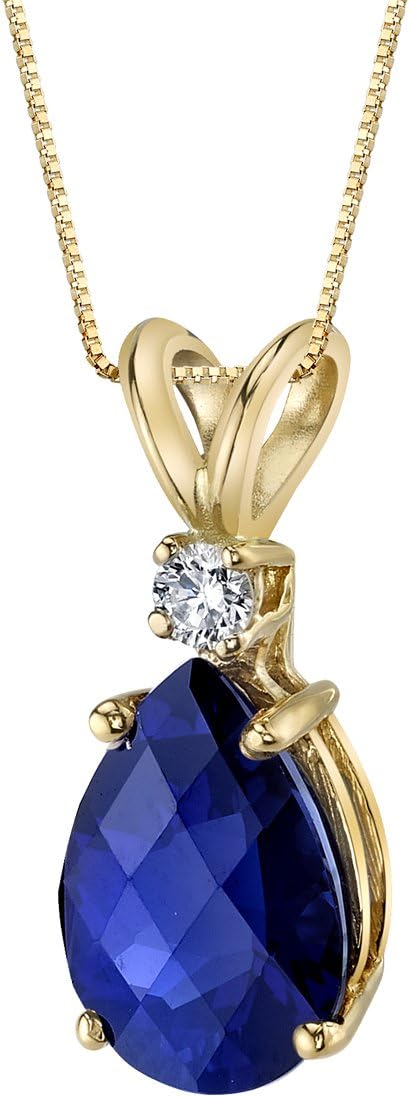 PEORA 14K Yellow Gold 2.50 Carats Created Blue Sapphire with Genuine Diamond Pendant, AAA Grade Pear Shape Teardrop Solitaire, Sparkling Blue Sapphire Jewelry, September Birthstone Gift
