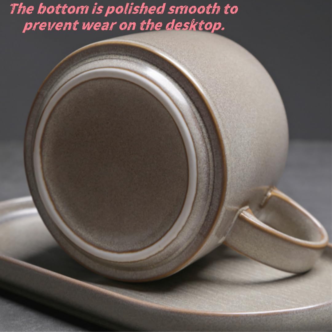Clásico Mug Juego De Taza Y Platillo De Café De Cerámica Para Hombre Y Mujer Con Asa Esférica De Madera, Color Caqui, 440 Ml