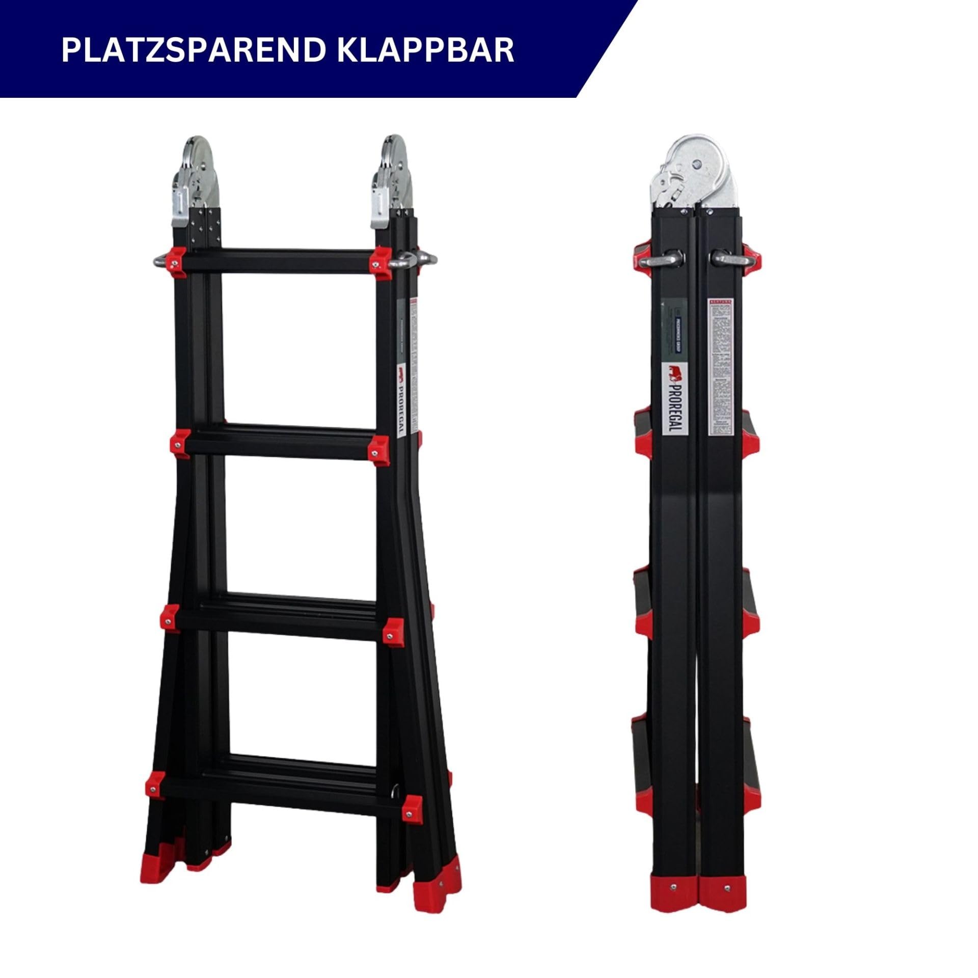 PROREGAL Sprossen-Mehrzweckleiter Apollo 3-in-1 Aluminiumleiter 4x4 Sprossen bis zu 3,7m Höhe Traglast 150kg Schwarz Treppenleiter Klappleiter Teleskopleiter Stehleiter Anlegeleiter