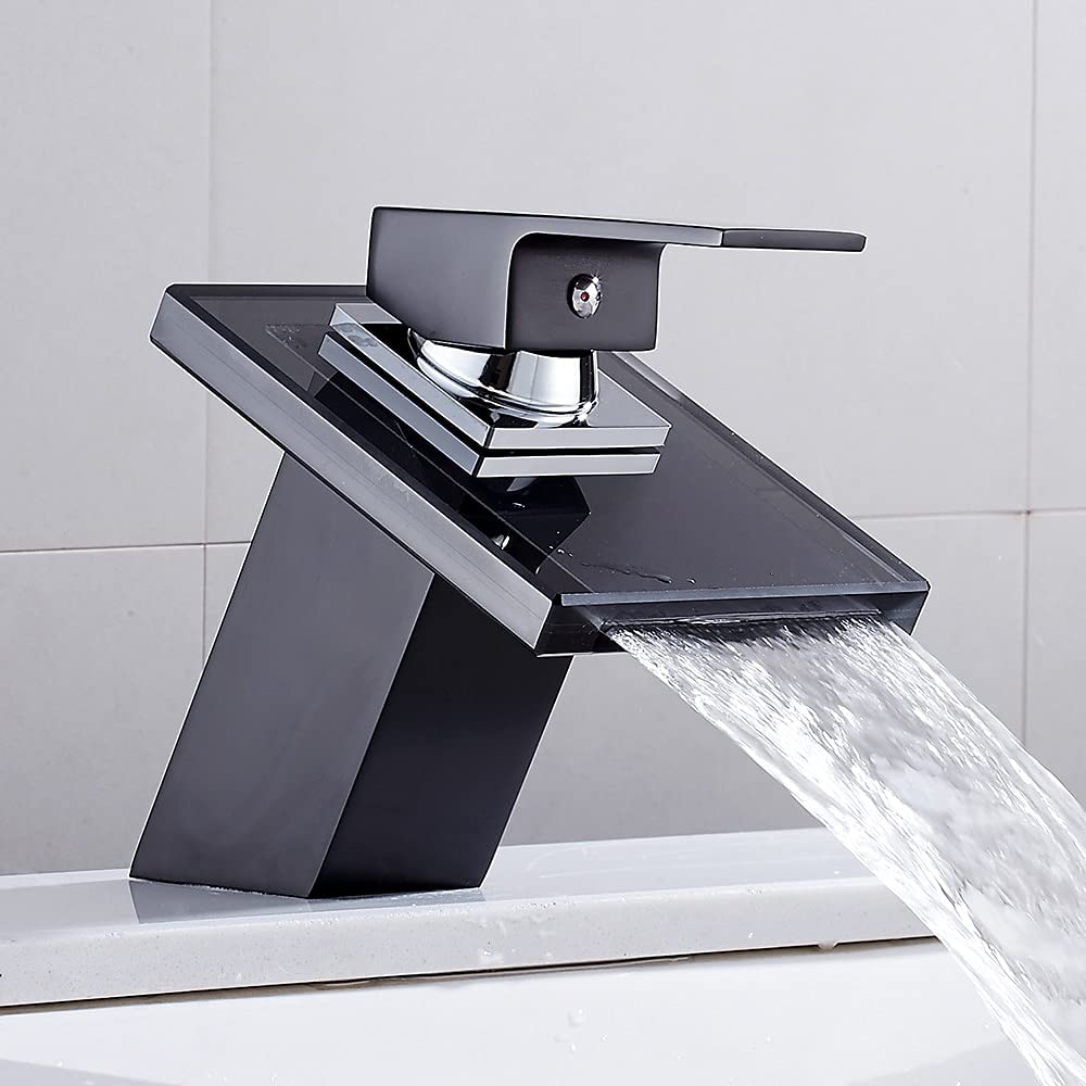 ZQFHSX Waterfall Basin Mixer Tap - Glass Brass Faucet for Bathroom & Kitchen Deck Mounted Sink Modern Design Stylish Faucets (Color: A Size: with Hose)