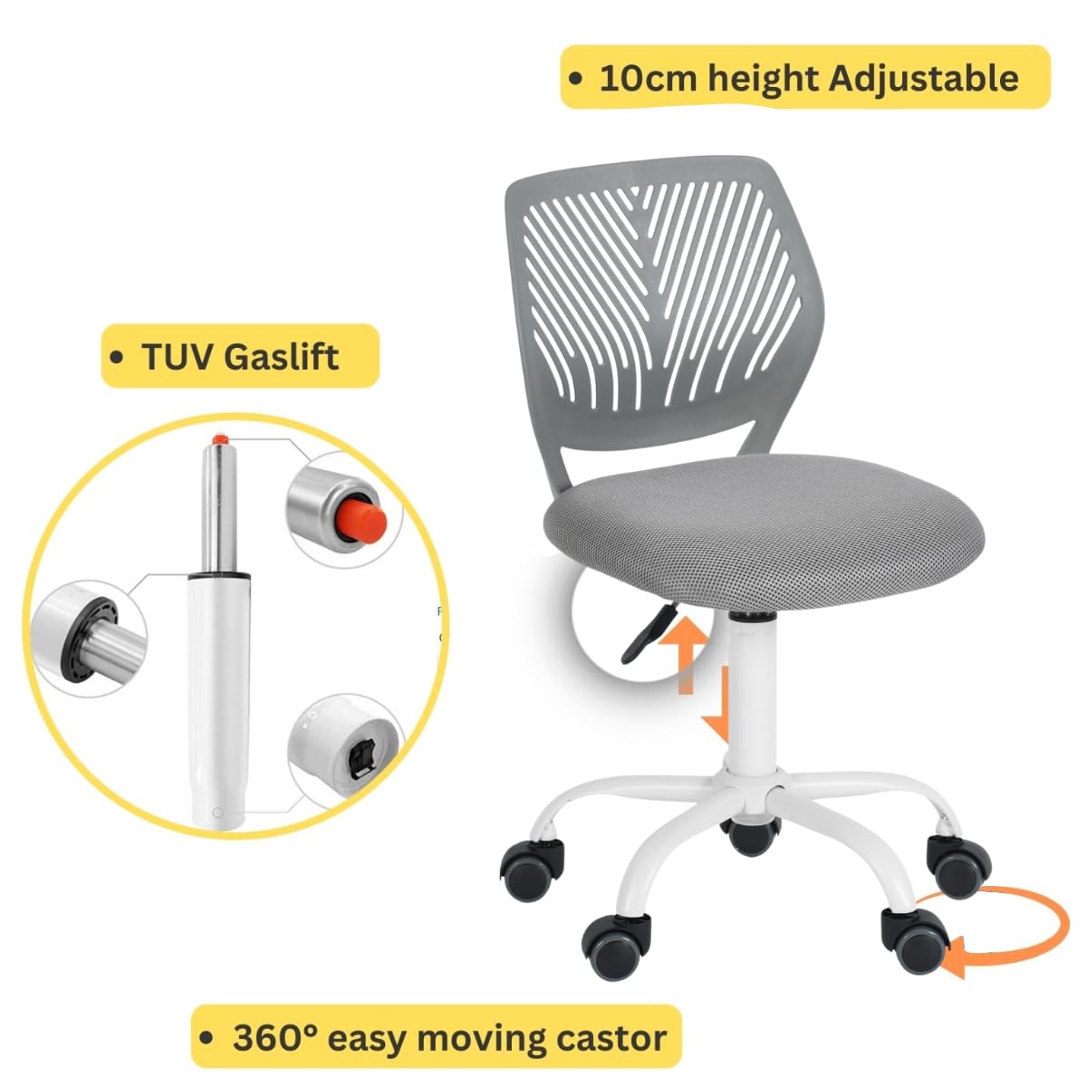 FurnitureR Silla de Oficina para el hogar, Asiento de Ordenador Moderno y Ajustable, Silla de Oficina sin reposabrazos Giratorio, Silla de Oficina para jóvenes, Sala de Estudio, Gris
