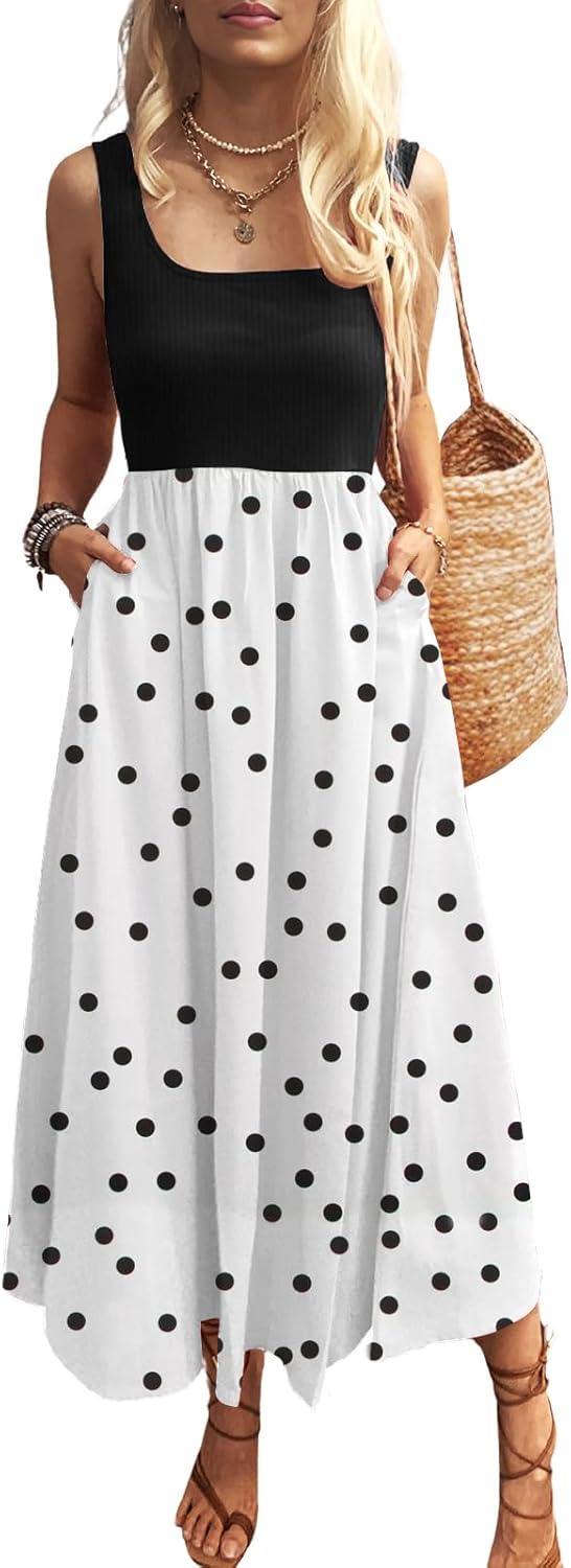 Women's Maxi Dress Summer Sleeveless Swing Sundress Casual Loose Tank Long Dresses with Pockets