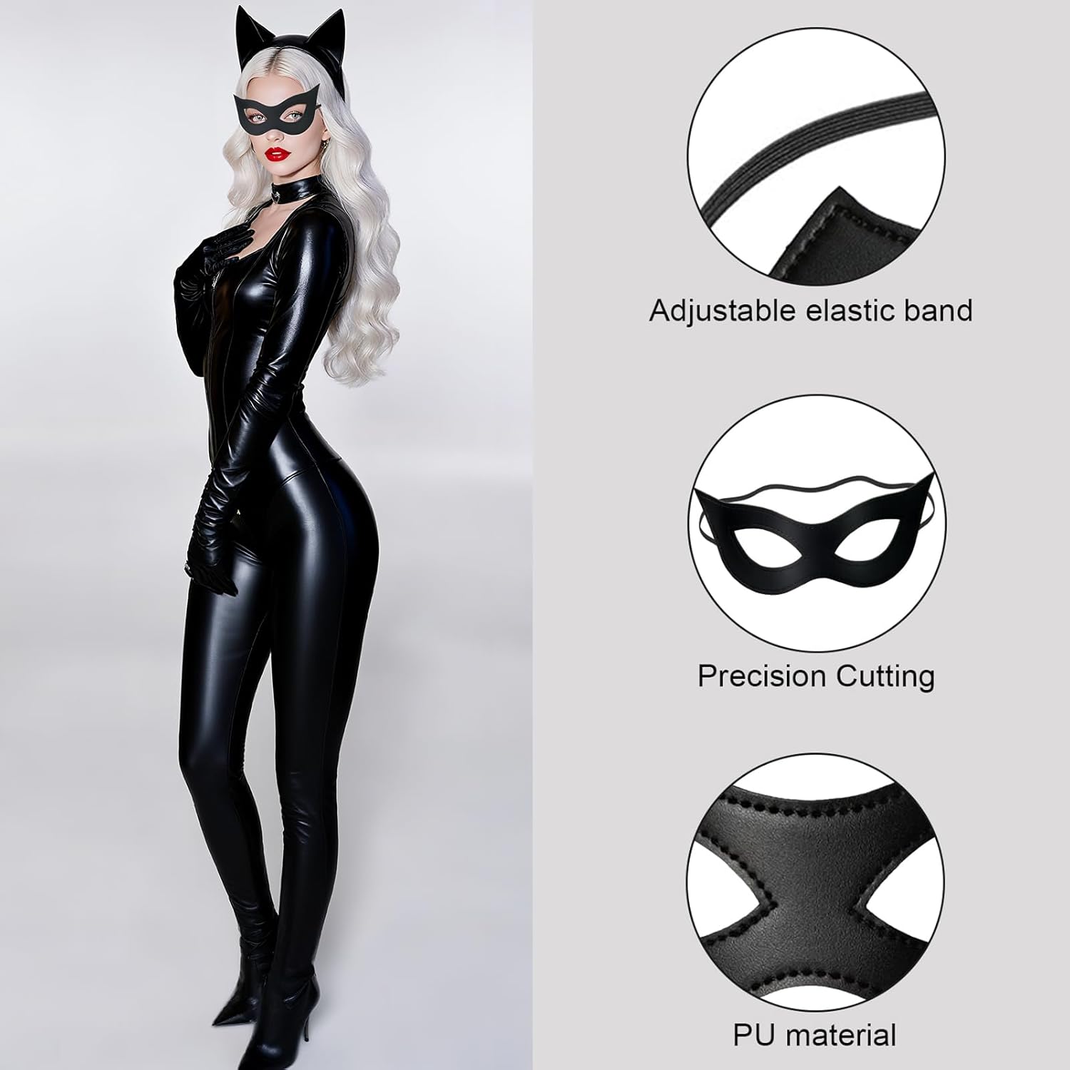 2 Pack Cat Woman Mask Costume Accessories for Women Masquerade Black Cat Eye Half Face Leather Mask for Halloween Dress Up - Image 3