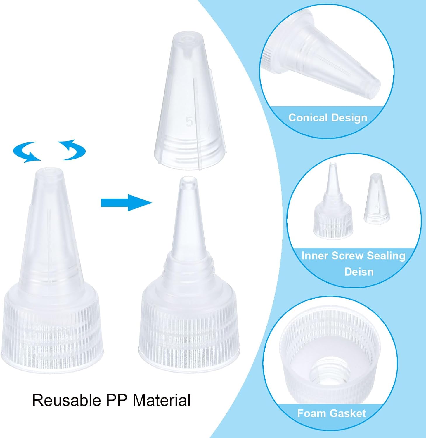 PATIKIL 20/410 Twist Bottle Caps, 12Pcs Plastic Ribbed Edge Squeeze Bottle Replacement Caps with Foam Gasket for Paint Lids Glue Dispensing Bottles, Clear image 3
