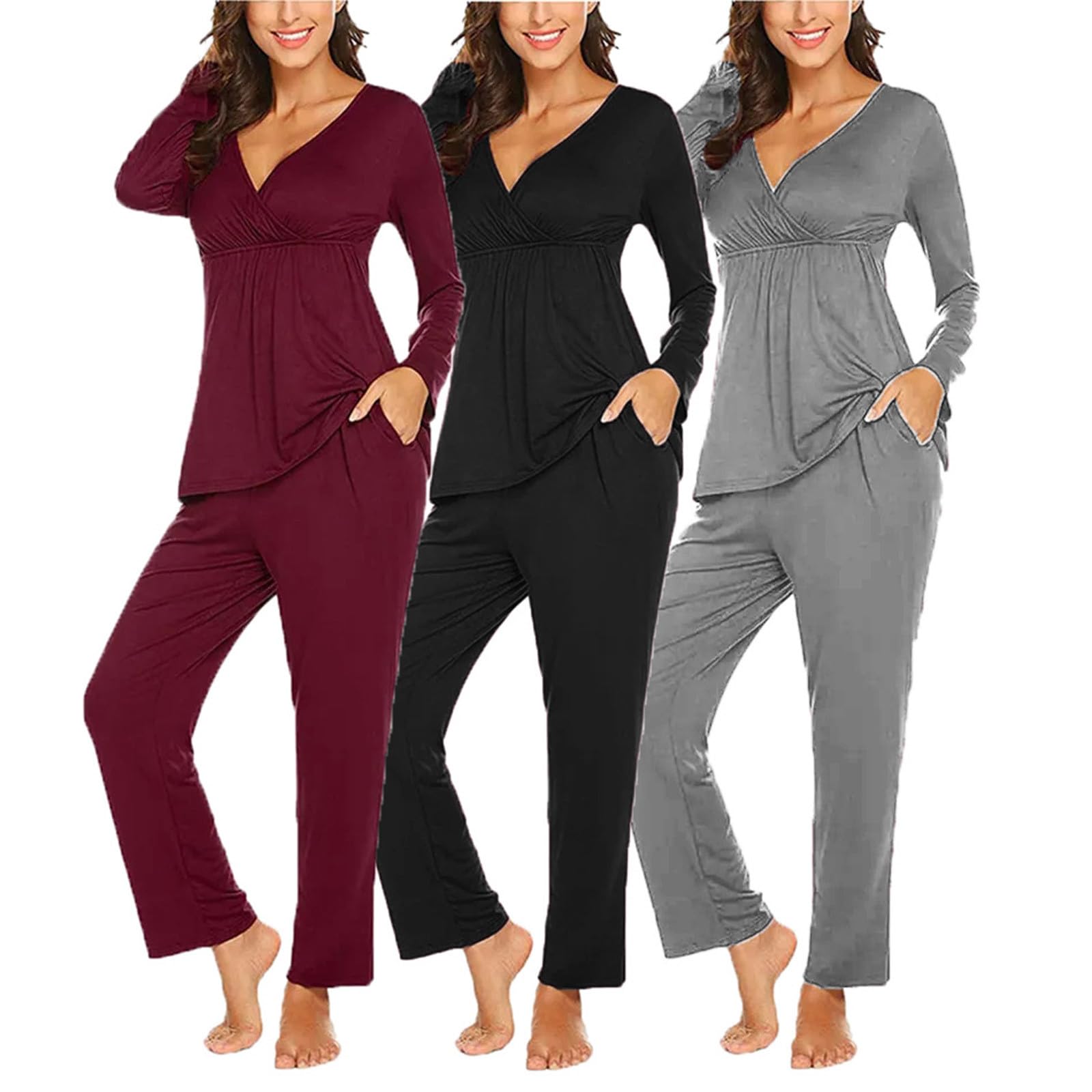 Ensemble de Pyjama Maternité Coton Pyjama de maternité Couleur Unie Longue Vêtements de Nuit Grossesse Pyjama Chaud Allaitement