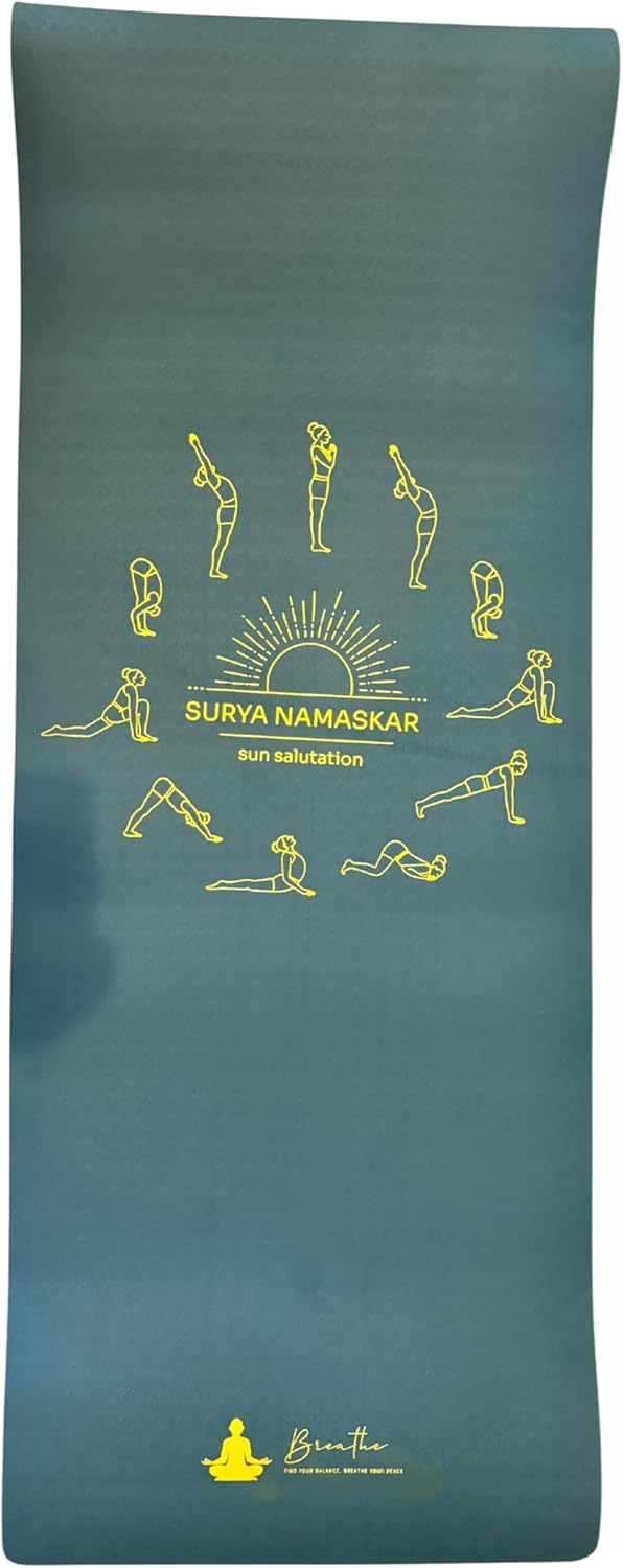 Sun Salutation Yoga Mat TPE Material; Exceptional Grip & Traction, Designed for stability, Anti-slip, Optimal Thickness & Size, Extra-long and wide (72” x 24”), Dual-Sided Non-Slip Texture, Lightweight and easy to roll, carry, or store—perfect for home, studio, or travel. For yoga, Pilates, HIIT, strength training, and more. A go-to mat for any fitness routine.