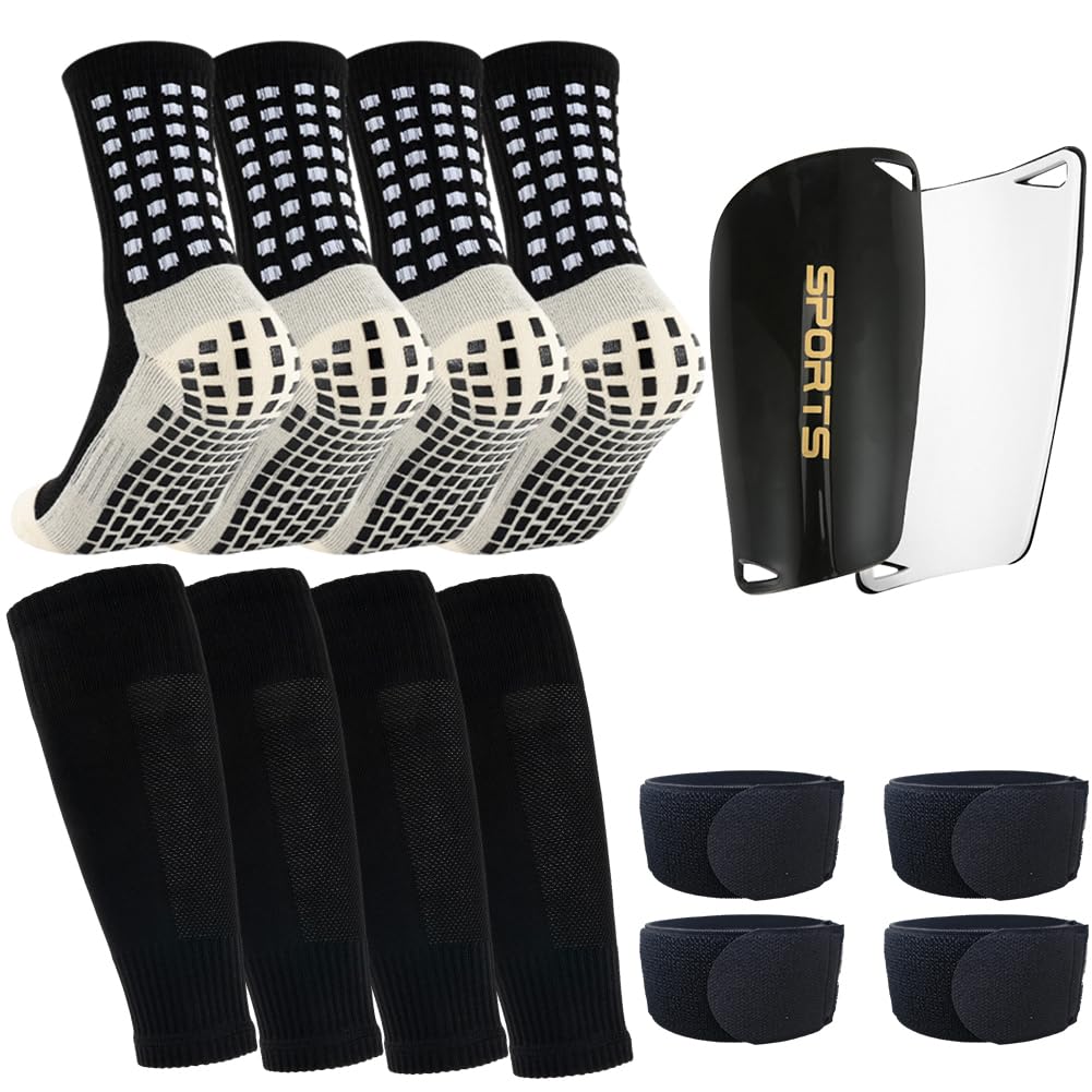 2 Pairs Mens Grip Soccer Socks, 2 Pairs Shin Sleeves with 1 Pack Shin Guards and 4 Shin Straps, Soccer Game Set 9 Pcs