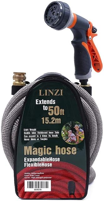 LINZI Expandable Garden Water Hose 15M 50FT Magic Hose Double Latex Inner Hose Flexible No Kink + Brass Connectors + 8 Function Spray Gun + Hose Holder