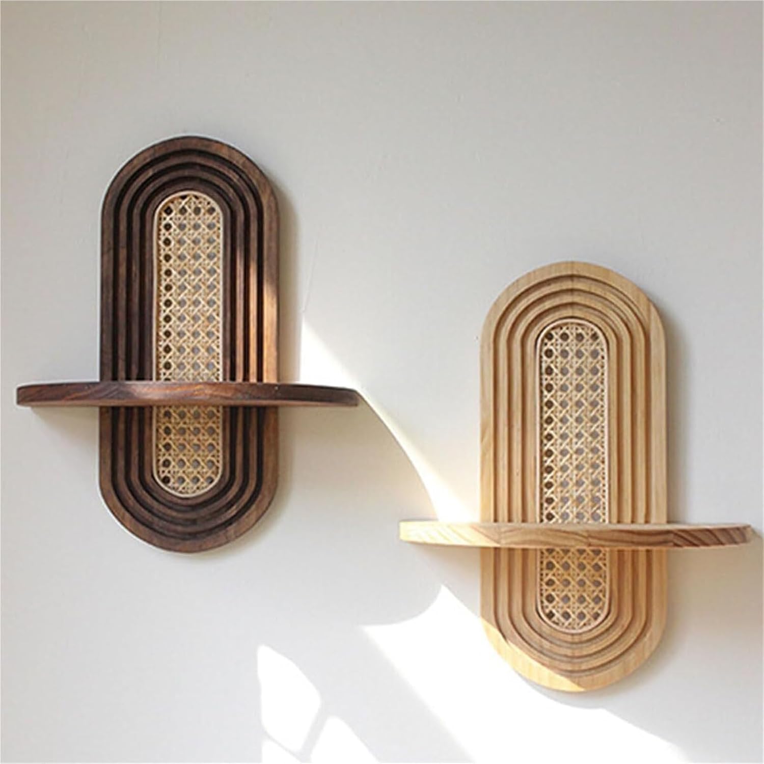Rattan Floating Shelf, Floating Shelves Hanging Shelf Wooden Hanging Wall Shelf for Bedroom Living Room Bathroom Display Decor(A)