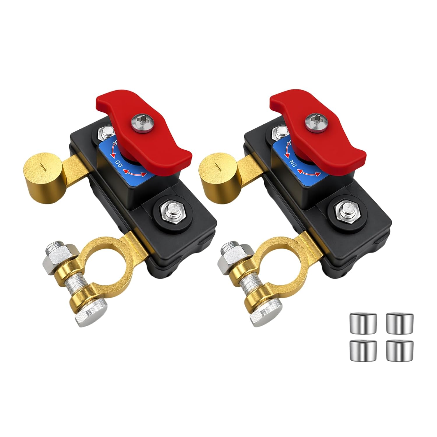 2 Pack Battery Disconnect Switch 12V-24V, Manual Cut Off Switch | Brass terminals, 750A momentary,4 shims included