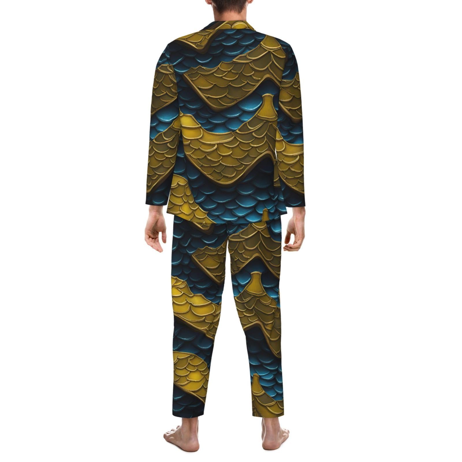 Herren-Pyjama-Set, langärmelig, Drachen-Schuppen-Druck, zweiteilig, bequem, Nachtwäsche