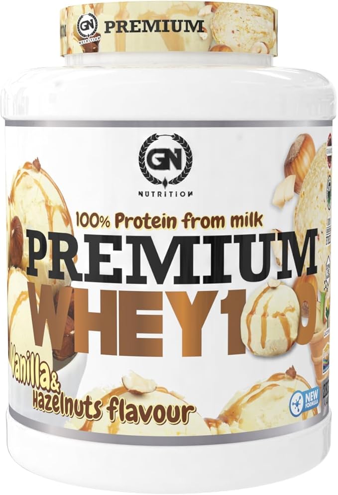 GN Nutrition Premium Whey 100% 2kg - Proteína de Suero con Vitaminas y Enzimas Digestivas, Sabor Vainilla y Avellanas