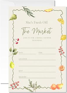 20 Fresh off the Market Bridal Shower Invitations, Farmer's Market Theme Invite Cards with Envelopes, 4x6 Inch Fun Bridal Shower Invites. (058)