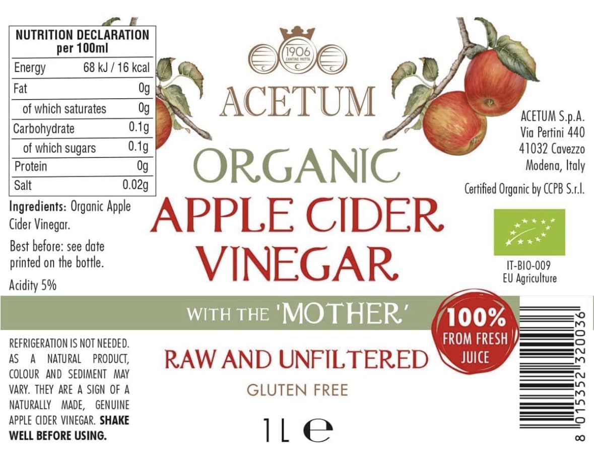 Vinagre Sidra de Manzana Madre ACETUM 1 Litro 100% Italiano Orgánico