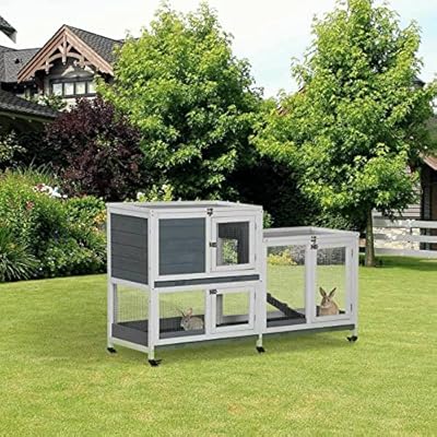 FMOPQ Outdoor Rabbit Cage Elevated Pet House with Lockable Doors Grey White Rabbit Hutch Rabbit Cage Pet Cage
