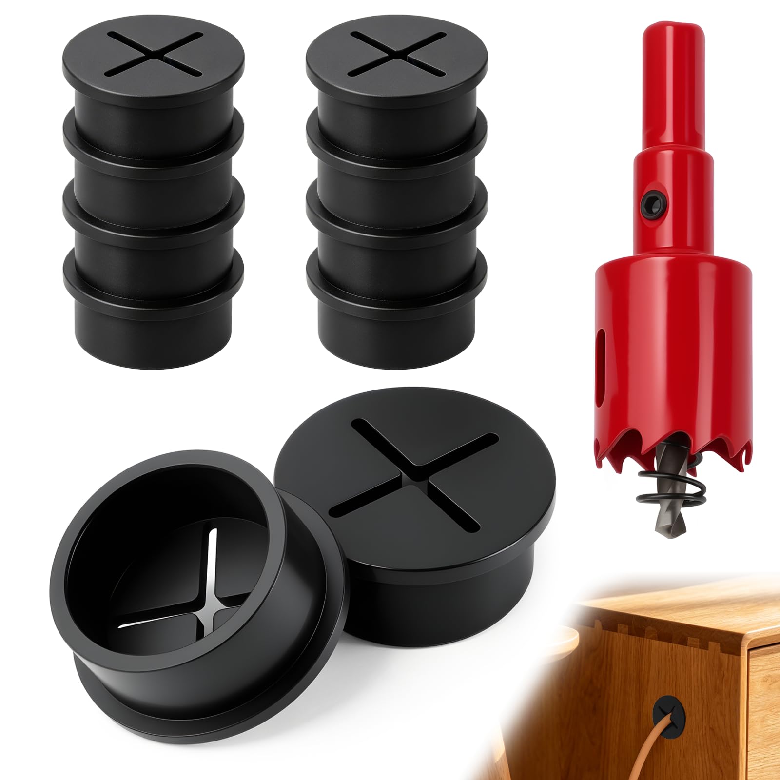 SWTYExt 8 Pcs Desk Grommet 30mm Desk Cable Hole Cover Black with 1 Hole Saw