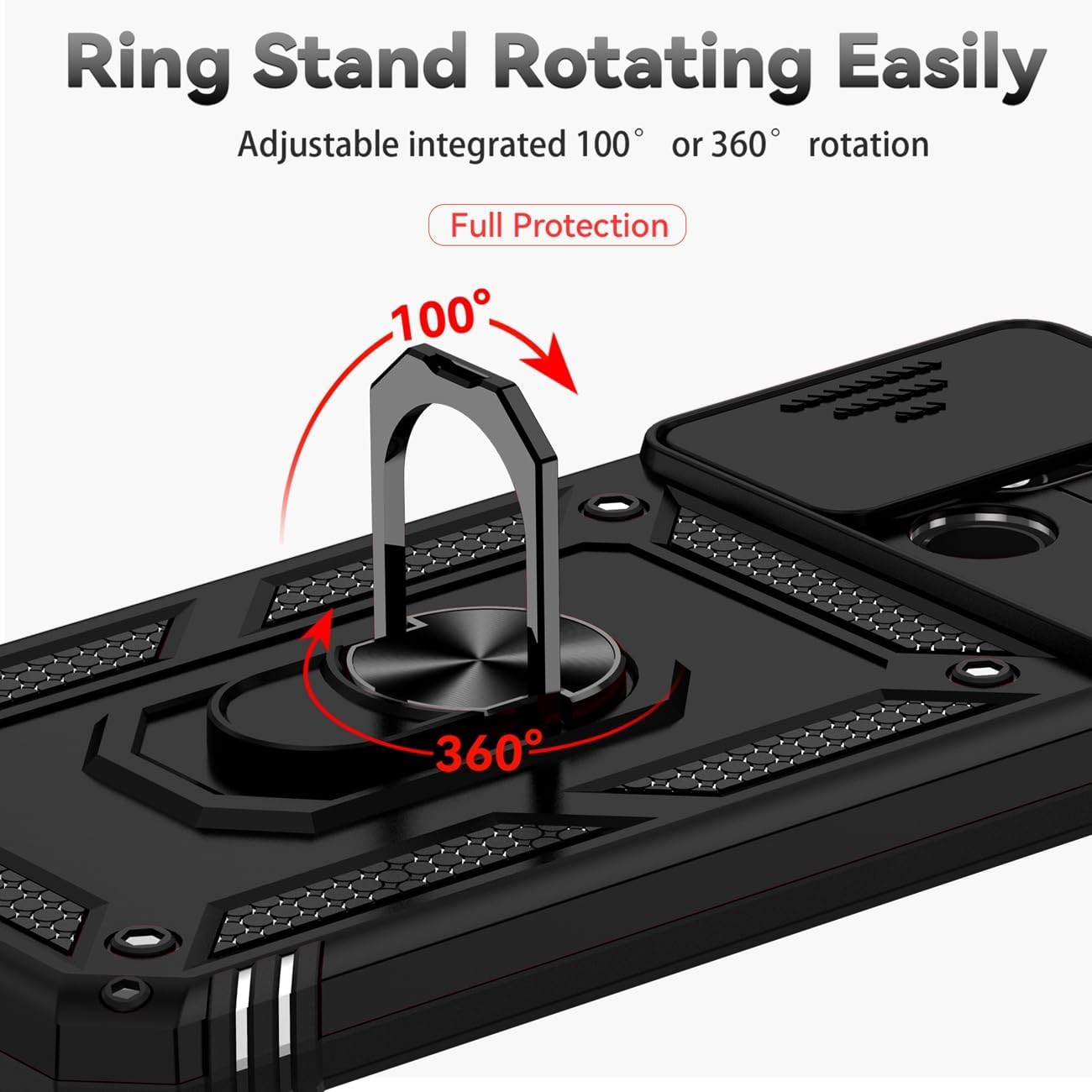 for Redmi 10C Case, Xiaomi Poco C40 Case with Tempered Glass Screen Protector and Slide Camera Cover, Magnetic Ring Car Mount Holder Kickstand Protective Cover for Xiaomi Redmi 10C Black - Image 5