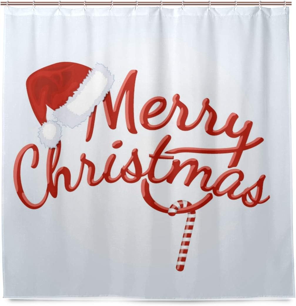 WINTERSUNNY Merry Christmas Season Eve New Year Decorative Decor Gift Shower Curtain Polyester Fabric Funny Hat Candy Cane Curtains for Bathroom with 12 Hooks 71x71