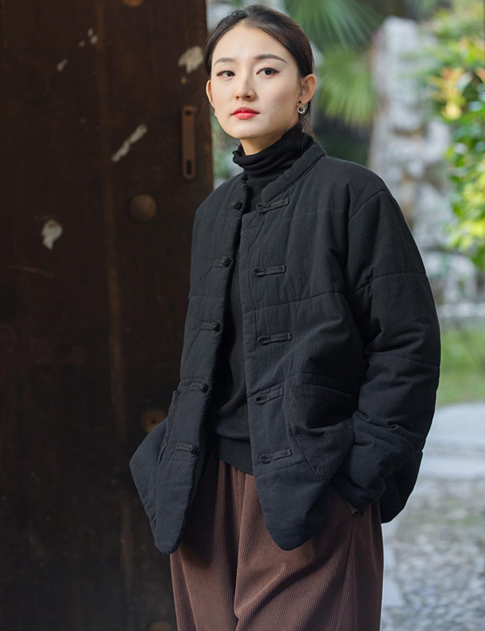 NFYM Manteaux chinois rembourrés en coton pour femme, grenouille boutonnée, veste d'hiver matelassée avec poches